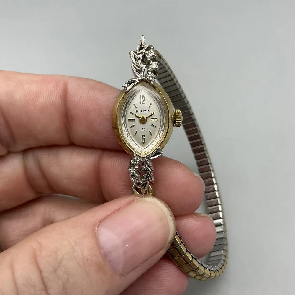 Vintage Bulova La Petite OV 23 Watch Womens 13mm 14K Gold Diamond Manual Wind